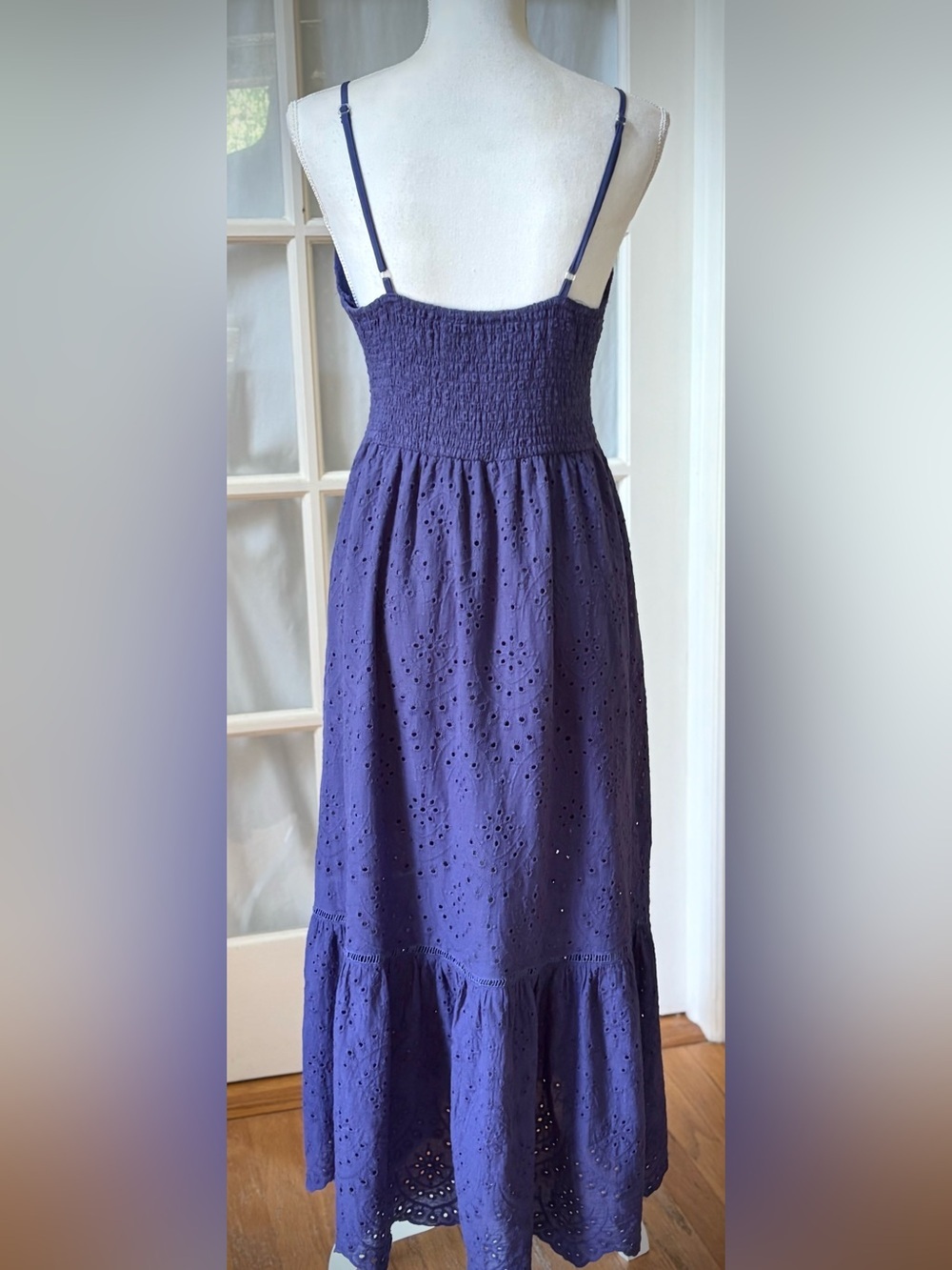 Simplee Cobalt Blue 100% Cotton Eyelet Midi Maxi Dress M Boho Cottagecore - Picture 3 of 14